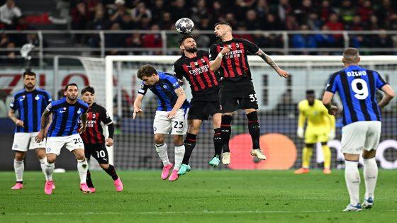(From 4thL) Inter Milan's Italian midfielder Nicolo Barella, AC Milan's French forward Olivier Giroud and AC Milan's Bosnian midfielder Rade Krunic go for a header during the UEFA Champions League semi-final first leg football match between AC Milan and Inter Milan, on May 10, 2023 at the San Siro stadium in Milan. (Photo by GABRIEL BOUYS / AFP)