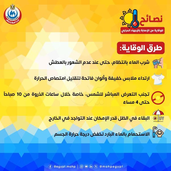 "الصحة" تقدم نصائح ثمينة لتجنب الإجهاد الحراري وأعراضه والتعامل الأمثل عند الإصابة - 6 - سيناء الإخبارية "الصحة" تقدم نصائح ثمينة لتجنب الإجهاد الحراري وأعراضه والتعامل الأمثل عند الإصابة - 5 - سيناء الإخبارية
