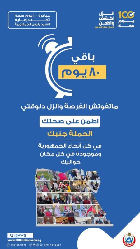 18 يوما وتنتهي حملة 100 يوم صحة.. انزل اكشف واطمن على صحتك وصحة عليتك - 5 - سيناء الإخبارية