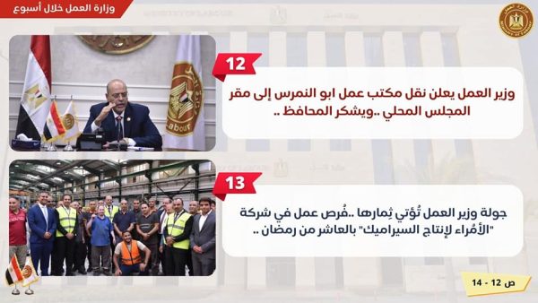 تدريب الموظفين وجولة بمحافظة الغربية.. تعرف على نشاط وزارة العمل في 7 أيام - 23 - سيناء الإخبارية