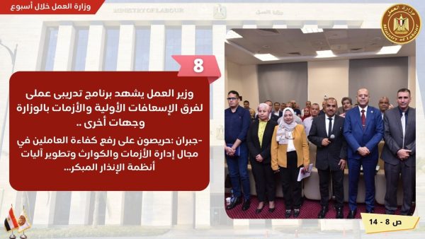 تدريب الموظفين وجولة بمحافظة الغربية.. تعرف على نشاط وزارة العمل في 7 أيام - 15 - سيناء الإخبارية