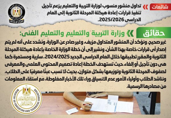 الحكومة تنفى تأجيل تنفيذ قرارات إعادة هيكلة المرحلة الثانوية إلى العام الدراسي 2025/2026 - 1 - سيناء الإخبارية
