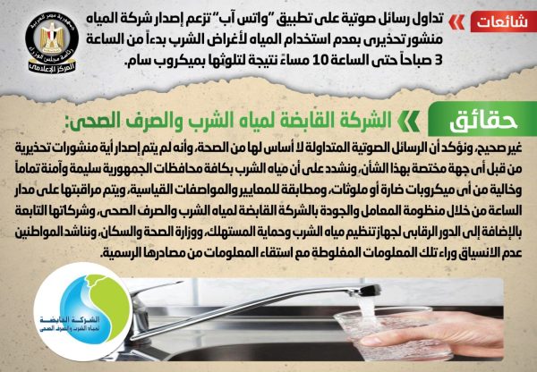 مجلس الوزراء ينفي إصدار شركة المياه منشور تحذيري بعدم استخدام المياه لأغراض الشرب - 1 - سيناء الإخبارية