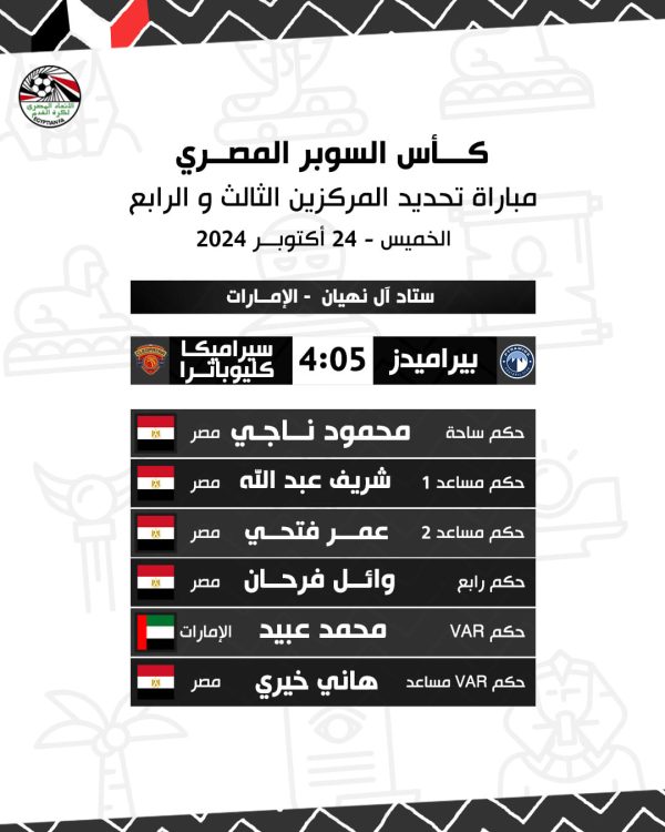 اتحاد الكرة يكشف أسماء طاقم الحكام لمباراة نهائي السوبر المصري بين الأهلي والزمالك - 3 - سيناء الإخبارية