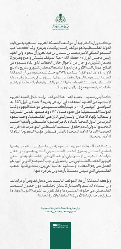 السعودية ردا على تصريحات ترامب: لا اعتراف بإسرائيل دون دولة فلسطينية وعاصمتها القدس - 3 - سيناء الإخبارية