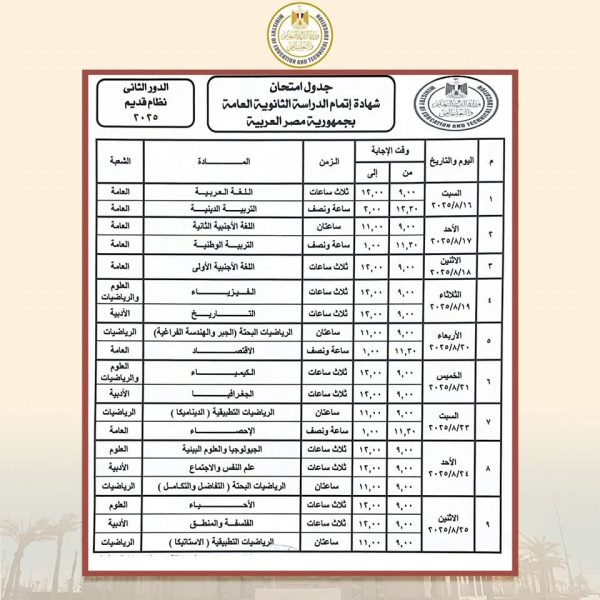 وزير التعليم يعتمد جدول امتحانات الدور الثاني للثانوية العامة للعام 2025 - 5 - سيناء الإخبارية
