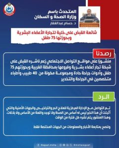الصحة تنفي تداول خبر ضبط خلية لتجارة الأعضاء البشرية بالغربية - 1 - سيناء الإخبارية